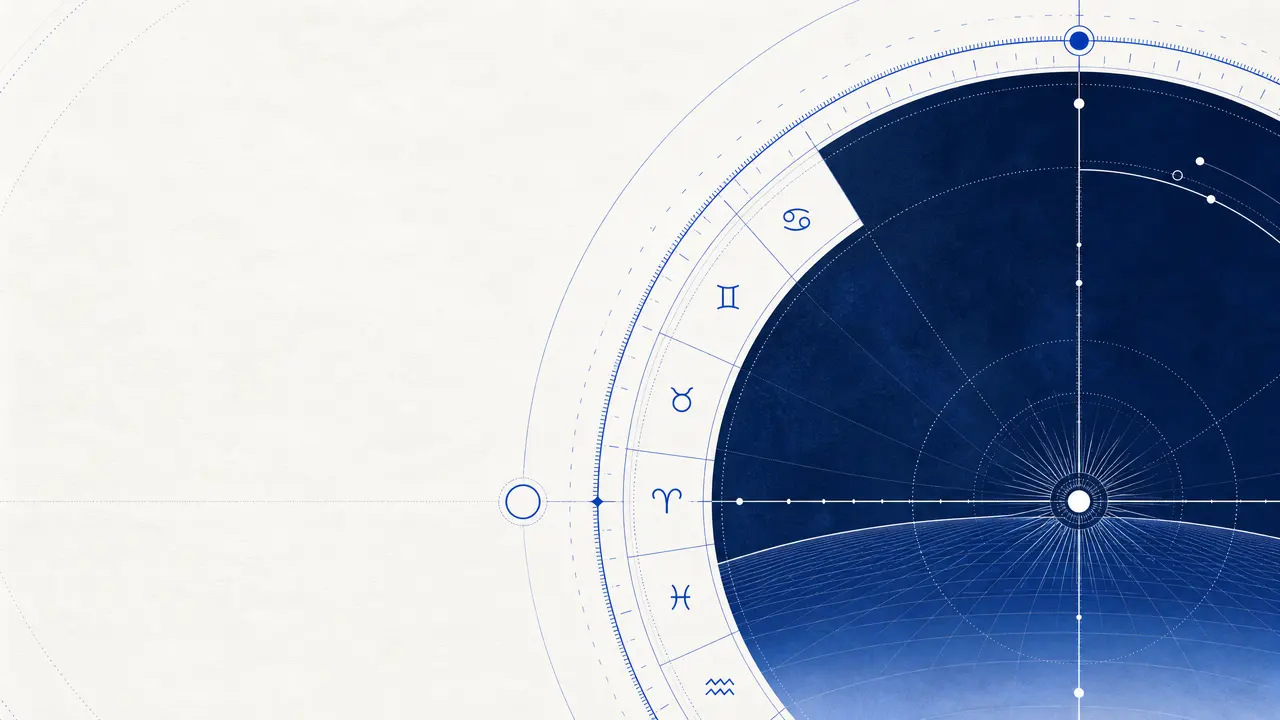 Cobalt-blue celestial diagram with a marked noon line and horizon circle.